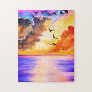 Fliegende Vögel auf dem Meer Sonnenuntergang Puzzl Puzzle