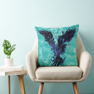 Fliegender blauer Phönix-Vogel-Grafik Kissen