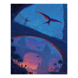 Fliegender Drache Sonnenuntergangsbrücke Fantasy-K Poster