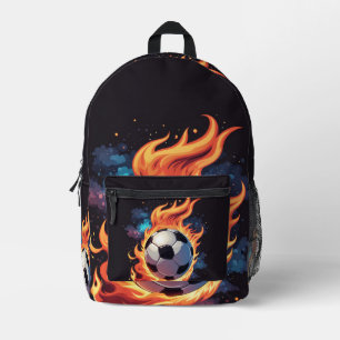 Fliegender Fußball mit Flammen. Bedruckter Rucksack