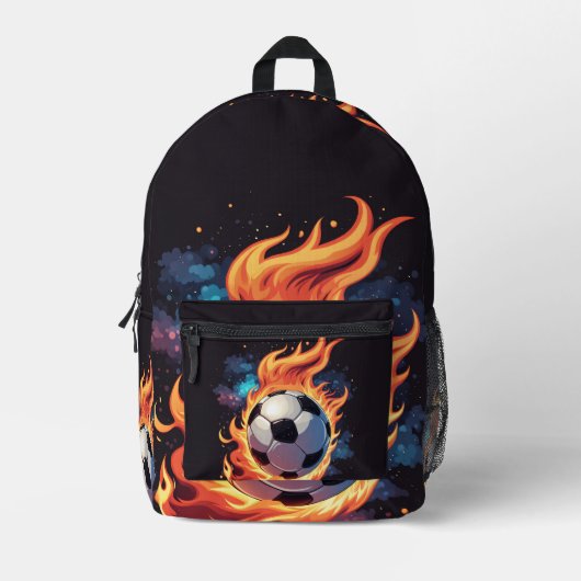 Fliegender Fußball mit Flammen. Bedruckter Rucksack (Vorderseite)