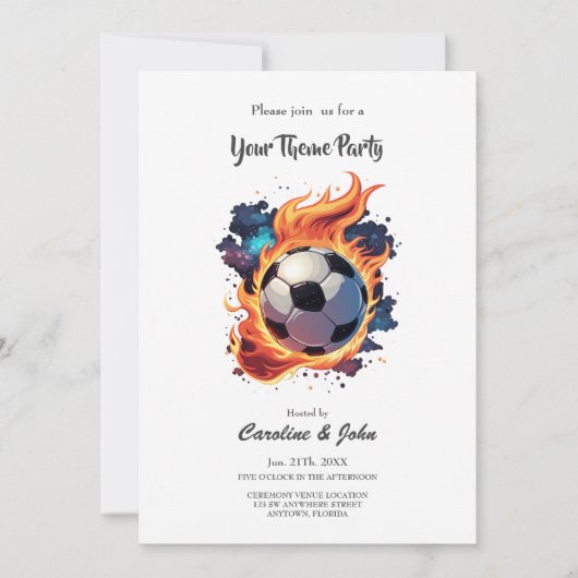 Fliegender Fußball mit Flammen. Einladung (Vorderseite)
