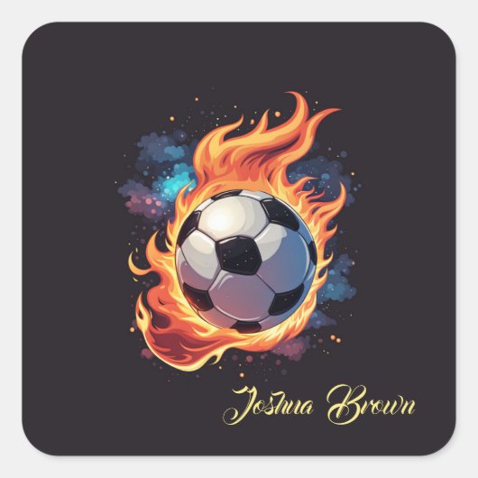 Fliegender Fußball mit Flammen. Quadratischer Aufkleber (Vorderseite)