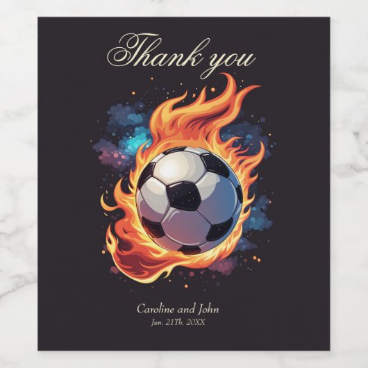 Fliegender Fußball mit Flammen. Weinetikett (Einzelnes Label)