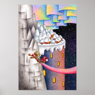 Fliegender Weihnachtsmann und eine verschneite Lan Poster