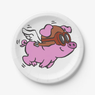 Fliegendes Cartoon-Schweinchen in Rosa   Hintergru Pappteller