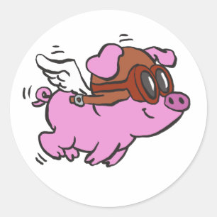 Fliegendes Cartoon-Schweinchen in Rosa   Hintergru Runder Aufkleber