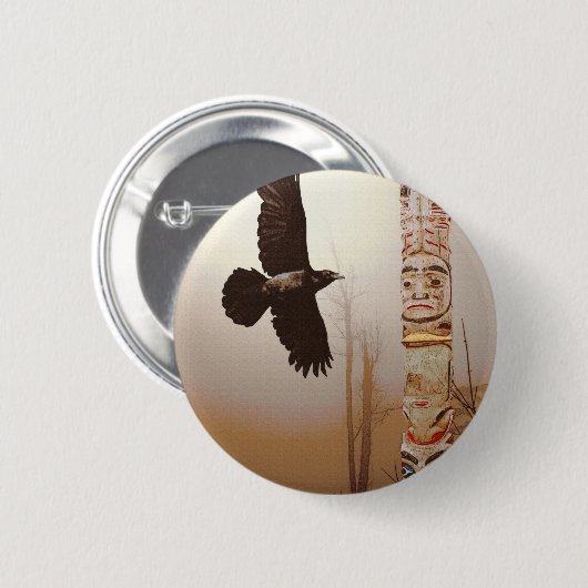 Fliegendes Raven & Totem Pole Fantasy Art Button (Vorne & Hinten)