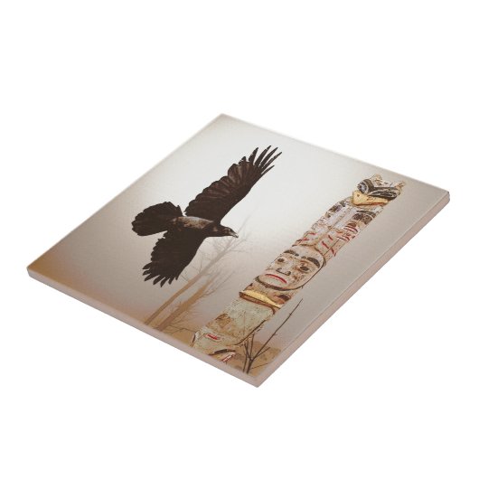 Fliegendes Raven & Totem Pole Fantasy Art Fliese (Seite)
