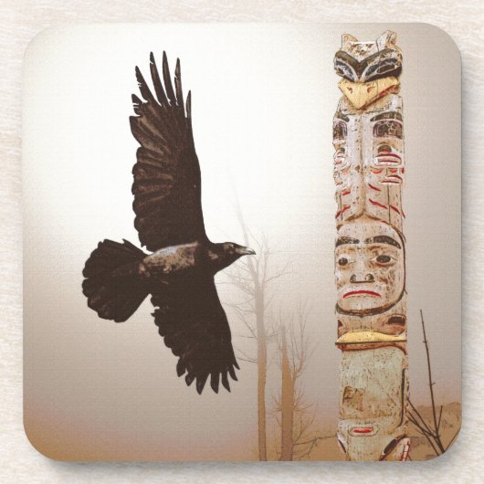 Fliegendes Raven & Totem Pole Fantasy Art Getränkeuntersetzer (Vorderseite)