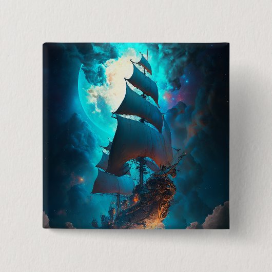 Fliegendes Schiff Fantasy Art Button (Vorderseite)
