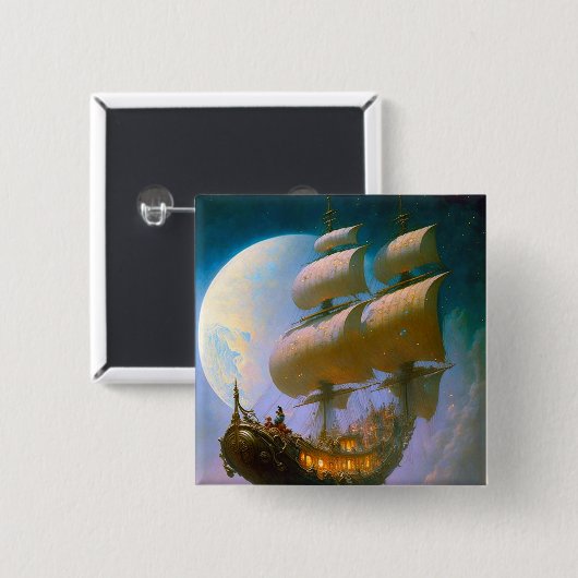 Fliegendes Schiff Fantasy Art Button (Vorne & Hinten)