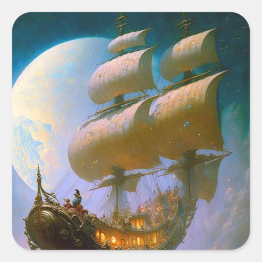 Fliegendes Schiff Fantasy Art Quadratischer Aufkleber (Vorderseite)