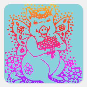 FLIEGENDES SCHWEIN, BLUMENFEE-FARBSTICKER Quadrier Quadratischer Aufkleber
