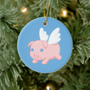 Fliegendes Schwein - Ferkel mit Flügeln auf Blau Keramik Ornament