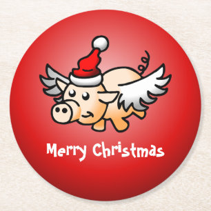Fliegendes-Schwein-Weihnachten-Papier-Getränkeunte Runder Pappuntersetzer