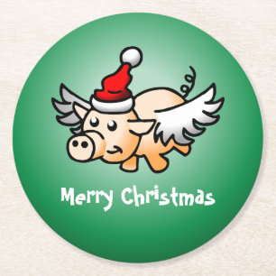 Fliegendes-Schwein-Weihnachten-Papier-Getränkeunte Runder Pappuntersetzer