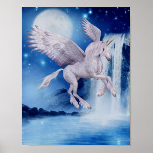 Fliegendes Unicorn Waterfall Fantastische Bergwelt Poster