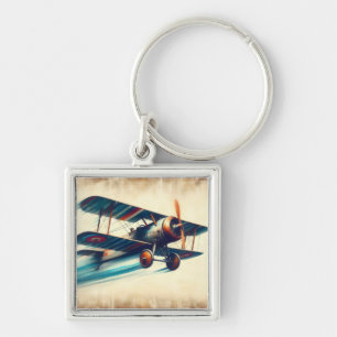 Fliegendes Vintage-Klassik-Doppeldecker-Ölgemälde Schlüsselanhänger
