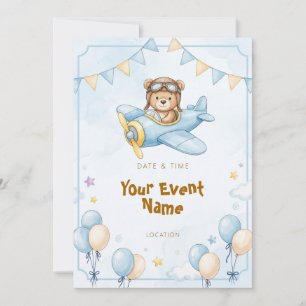 Flieger-Teddybär Blaues Flugzeug Einladung