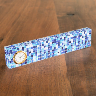 Fliesen, blaue Mosaikfliesen, geometrisches Muster Namensplakette