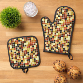 Fliesen, braune Mosaikfliesen, geometrisches Muste Ofenhandschuh & Topflappen-Set