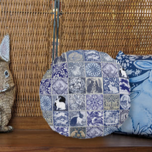Fliesen-Hase Blau-Weiß-Mosaikmuster Vintage Rundes Kissen