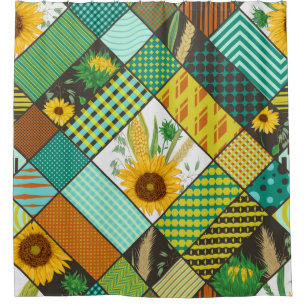 Fliesen, Sonnenblumen, geometrisches Muster. Duschvorhang