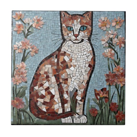 Fliesenmosaikkatze im Blumengarten Fliese (Vorderseite)