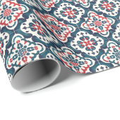 Fliesenmuster mit Navy-, Rot- und Aquamarinen Blum Geschenkpapier (Rolleneckpunkt)