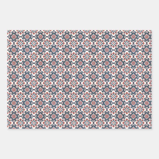 Fliesenmuster mit Navy-, Rot- und Aquamarinen Blum Geschenkpapier Set (Vorderseite 3)