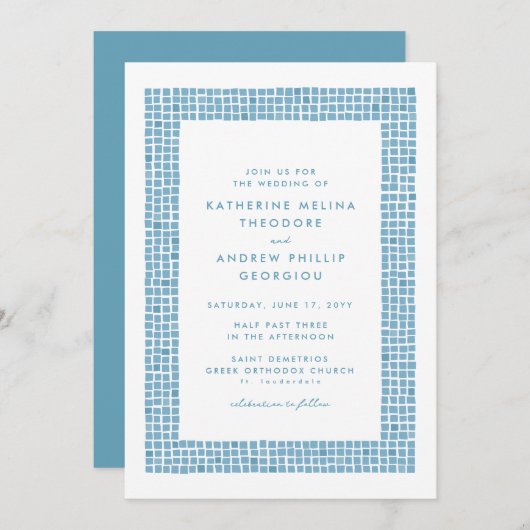 Fliesenrahmen einfache griechisch-blaue Hochzeit i Einladung (Vorne/Hinten)