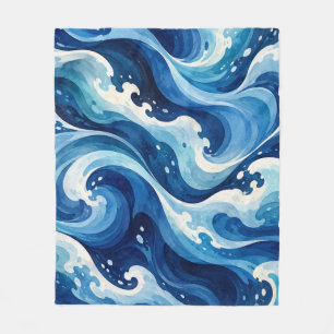 Fließende blaue Ozeanwellen Wasserfarbe Küstenkuns Fleecedecke
