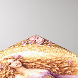 Fließendes goldenes Haar Dame im Kleid neben Blume Leinwanddruck