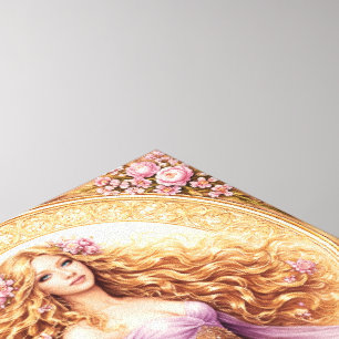 Fließendes goldenes Haar Dame im Kleid neben Blume Leinwanddruck