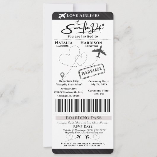 Flight mit Liebe: Boarding Pass Save the Date Einladung (Vorderseite)