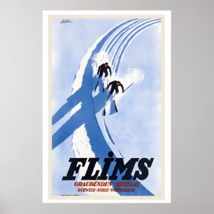 Flims Graubünden Grisons Schweiz Vintage Ski Poster