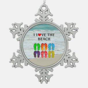 Flip Flops Beach Liebe, farbenfrohe Gestaltung, Schneeflocken Zinn-Ornament
