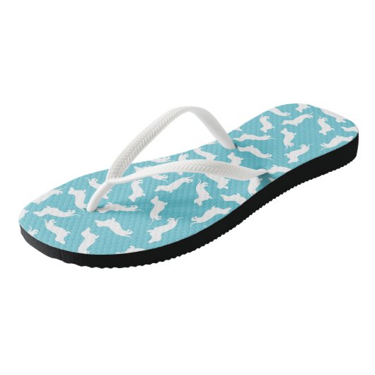 Flip Flops in türkisfarbener und weißer Dackel Badesandalen (Schrägansicht)