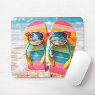 Flip-Flops stecken im Sand am Strand mit Sonnenbri Mousepad