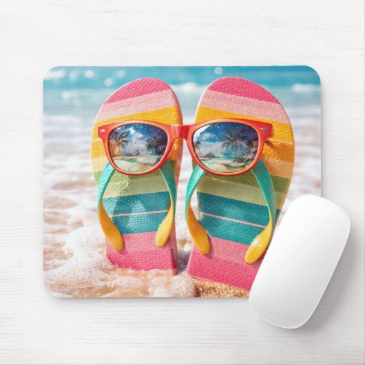 Flip-Flops stecken im Sand am Strand mit Sonnenbri Mousepad (Mit Mouse)