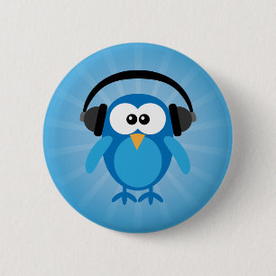 Flippige blaue Retro Eule mit Kopfhörern Button