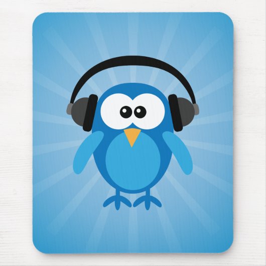 Flippige blaue Retro Eule mit Kopfhörern Mousepad (Vorne)