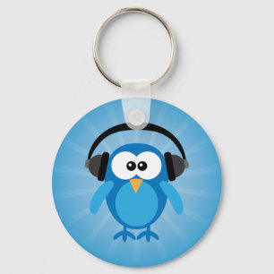 Flippige blaue Retro Eule mit Kopfhörern Schlüsselanhänger