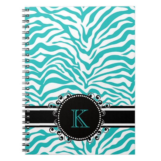 Flippiger blauer Zebra-Druck mit Band-Monogramm Notizblock (Vorderseite)