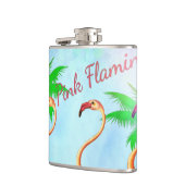 Flippiger rosa Flamingo-Palme-blauer Himmel Flachmann (Links)