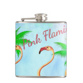 Flippiger rosa Flamingo-Palme-blauer Himmel Flachmann (Vorderseite)