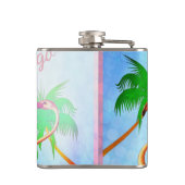 Flippiger rosa Flamingo-Palme-blauer Himmel Flachmann (Rückseite)