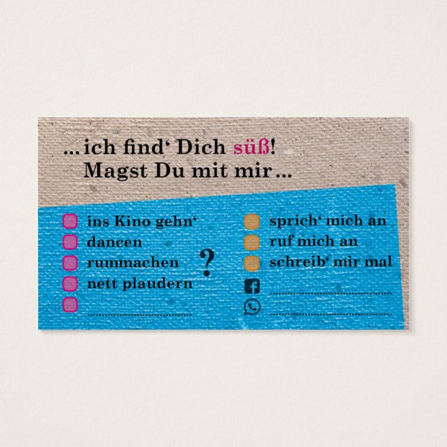Flirt-Karte "Du bist süß!"; mit Kontaktfeldern (Rückseite)