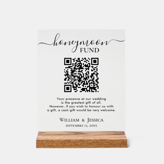 Flitterwochen-Fonds mit QR-Code Acrylschild (Vorderseite)